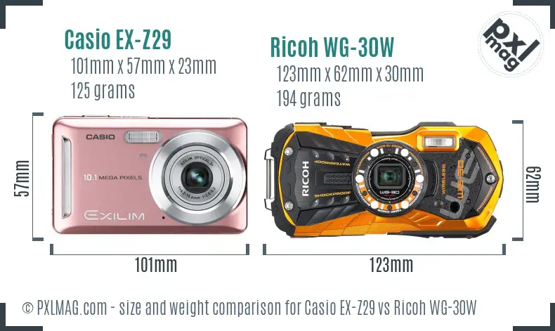 Casio EX-Z29 vs Ricoh WG-30W size comparison