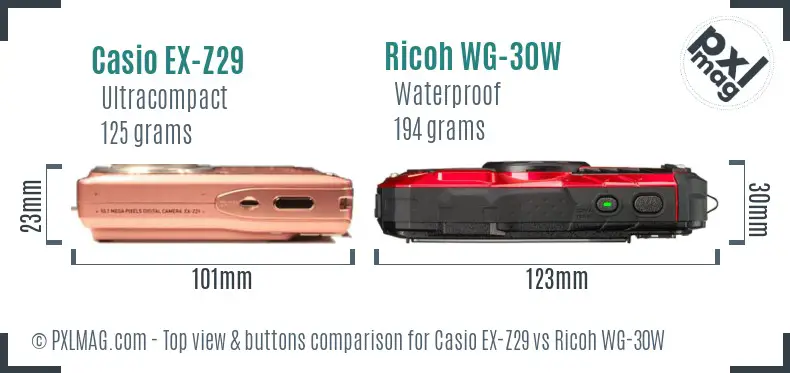 Casio EX-Z29 vs Ricoh WG-30W top view buttons comparison