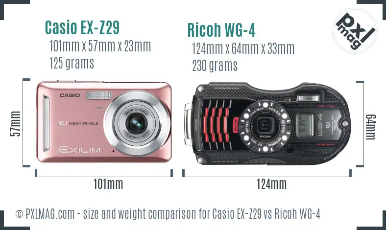 Casio EX-Z29 vs Ricoh WG-4 size comparison