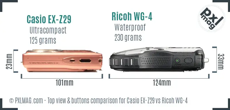 Casio EX-Z29 vs Ricoh WG-4 top view buttons comparison