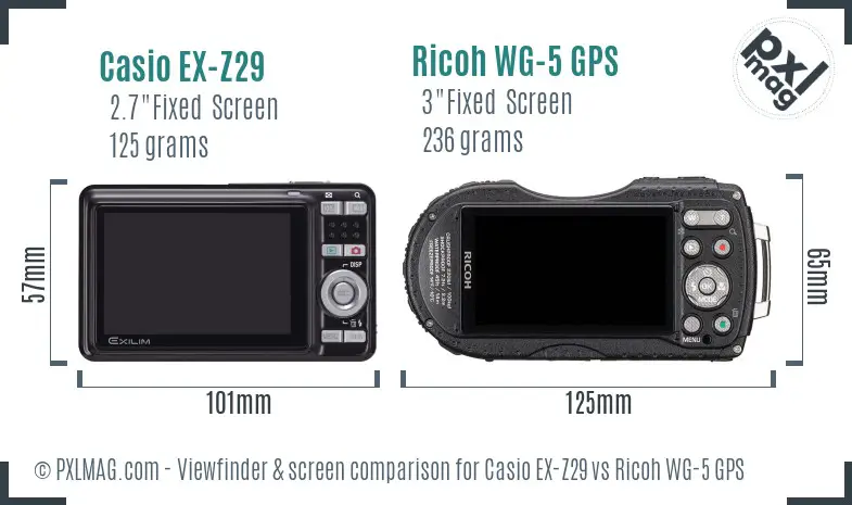 Casio EX-Z29 vs Ricoh WG-5 GPS Screen and Viewfinder comparison