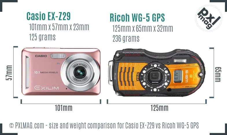 Casio EX-Z29 vs Ricoh WG-5 GPS size comparison