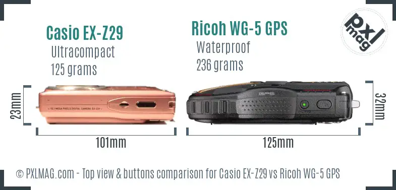 Casio EX-Z29 vs Ricoh WG-5 GPS top view buttons comparison