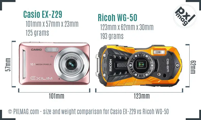 Casio EX-Z29 vs Ricoh WG-50 size comparison Casio EX-Z29 vs Ricoh WG-50 size comparison