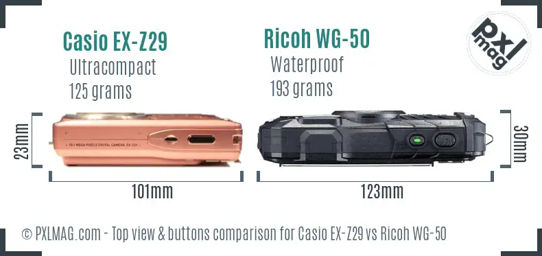 Casio EX-Z29 vs Ricoh WG-50 top view buttons comparison Casio EX-Z29 vs Ricoh WG-50 top view buttons comparison