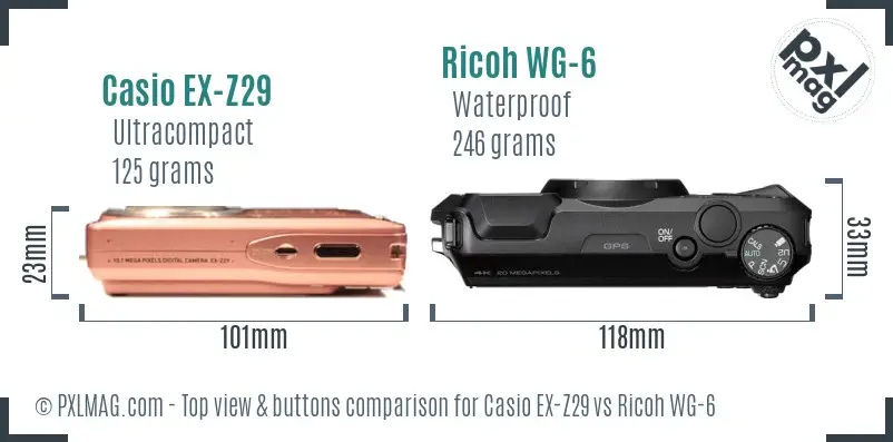 Casio EX-Z29 vs Ricoh WG-6 top view buttons comparison Casio EX-Z29 vs Ricoh WG-6 top view buttons comparison