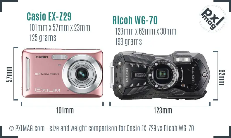 Casio EX-Z29 vs Ricoh WG-70 size comparison