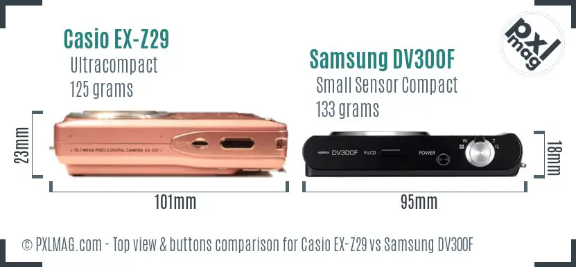 Casio EX-Z29 vs Samsung DV300F top view buttons comparison Casio EX-Z29 vs Samsung DV300F top view buttons comparison