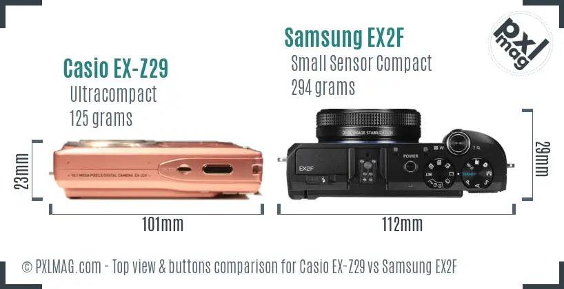 Casio EX-Z29 vs Samsung EX2F top view buttons comparison Casio EX-Z29 vs Samsung EX2F top view buttons comparison