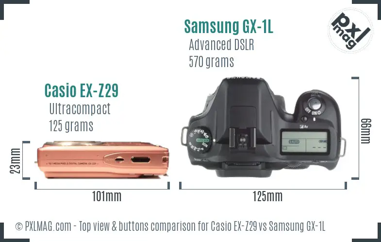 Casio EX-Z29 vs Samsung GX-1L top view buttons comparison