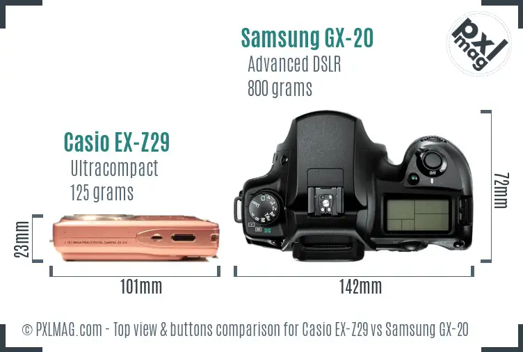 Casio EX-Z29 vs Samsung GX-20 top view buttons comparison