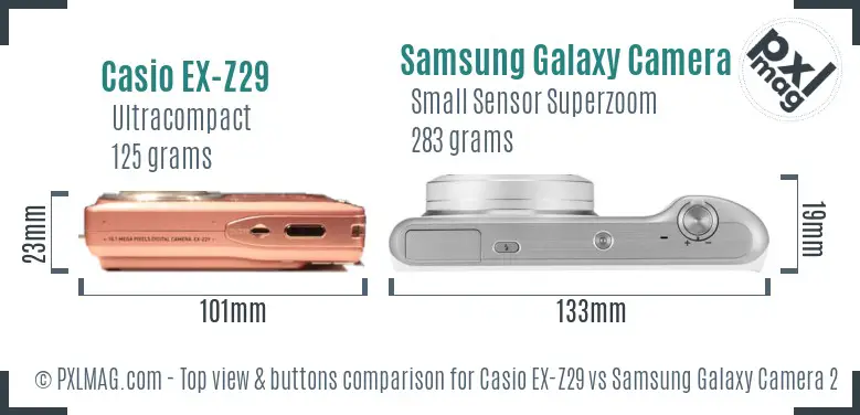 Casio EX-Z29 vs Samsung Galaxy Camera 2 top view buttons comparison Casio EX-Z29 vs Samsung Galaxy Camera 2 top view buttons comparison