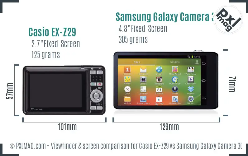 Casio EX-Z29 vs Samsung Galaxy Camera 3G Screen and Viewfinder comparison