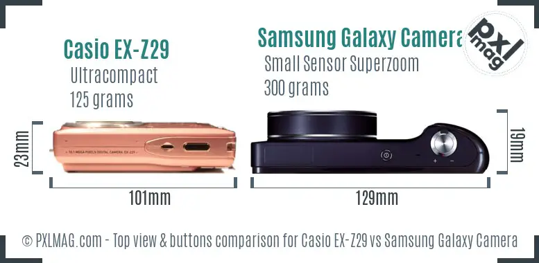 Casio EX-Z29 vs Samsung Galaxy Camera top view buttons comparison