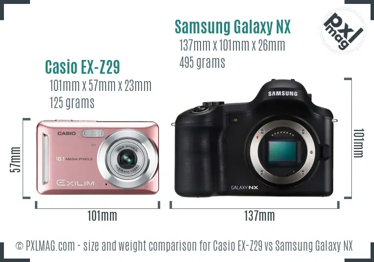 Casio EX-Z29 vs Samsung Galaxy NX size comparison Casio EX-Z29 vs Samsung Galaxy NX size comparison