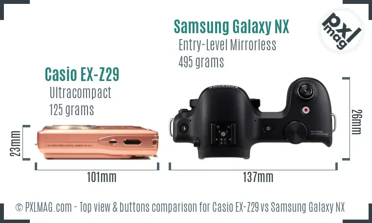 Casio EX-Z29 vs Samsung Galaxy NX top view buttons comparison Casio EX-Z29 vs Samsung Galaxy NX top view buttons comparison
