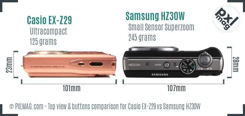 Casio EX-Z29 vs Samsung HZ30W top view buttons comparison