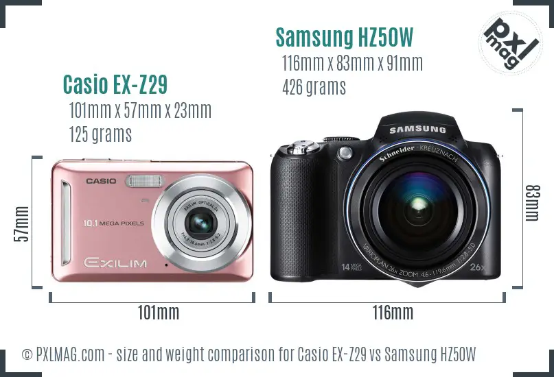 Casio EX-Z29 vs Samsung HZ50W size comparison