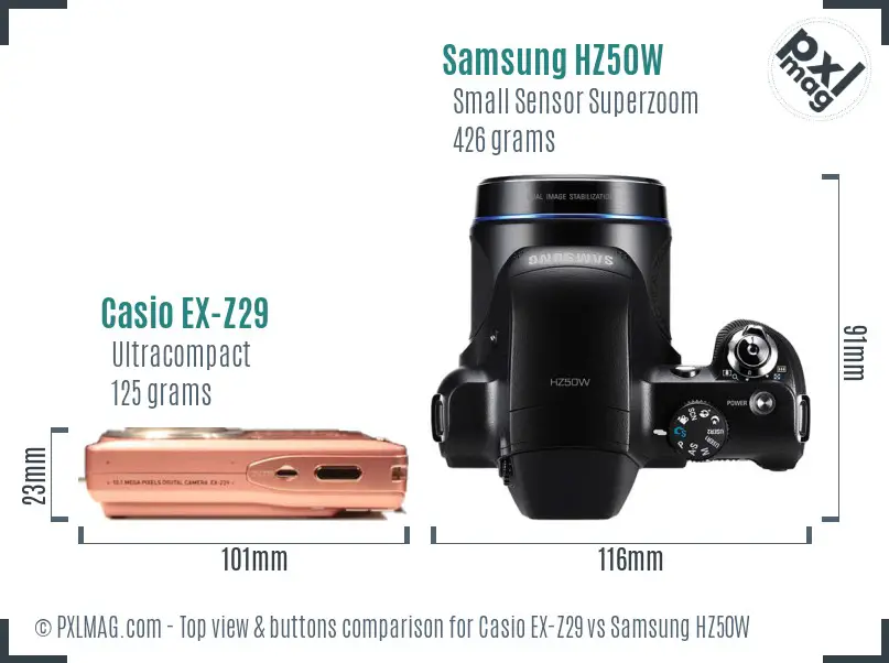 Casio EX-Z29 vs Samsung HZ50W top view buttons comparison