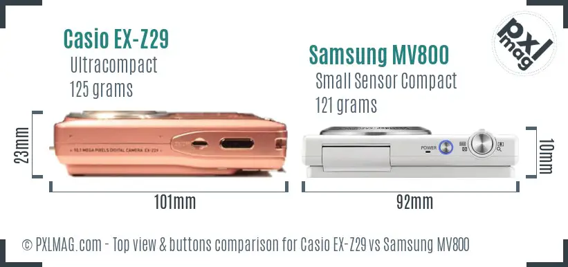 Casio EX-Z29 vs Samsung MV800 top view buttons comparison Casio EX-Z29 vs Samsung MV800 top view buttons comparison