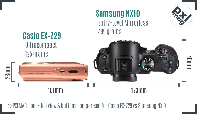 Casio EX-Z29 vs Samsung NX10 top view buttons comparison