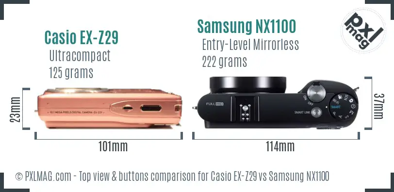 Casio EX-Z29 vs Samsung NX1100 top view buttons comparison