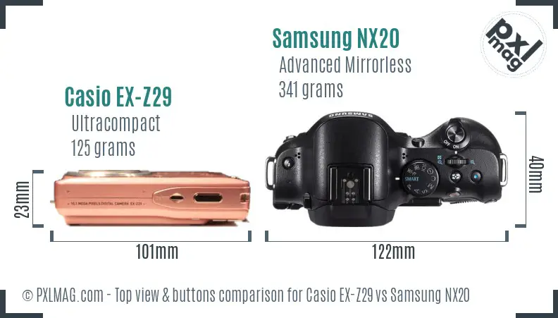 Casio EX-Z29 vs Samsung NX20 top view buttons comparison Casio EX-Z29 vs Samsung NX20 top view buttons comparison