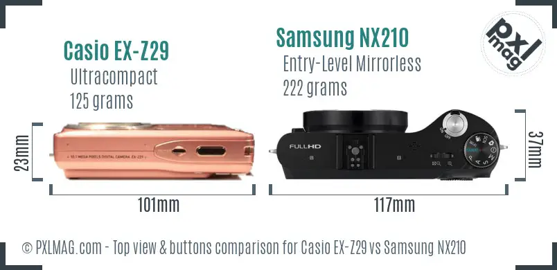 Casio EX-Z29 vs Samsung NX210 top view buttons comparison Casio EX-Z29 vs Samsung NX210 top view buttons comparison