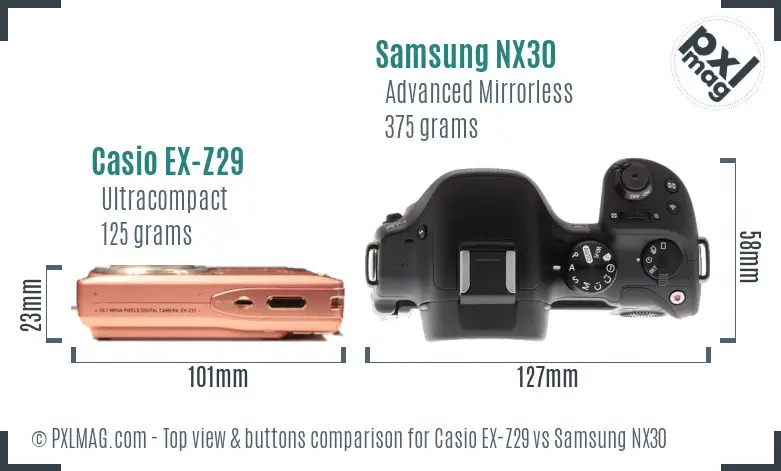 Casio EX-Z29 vs Samsung NX30 top view buttons comparison