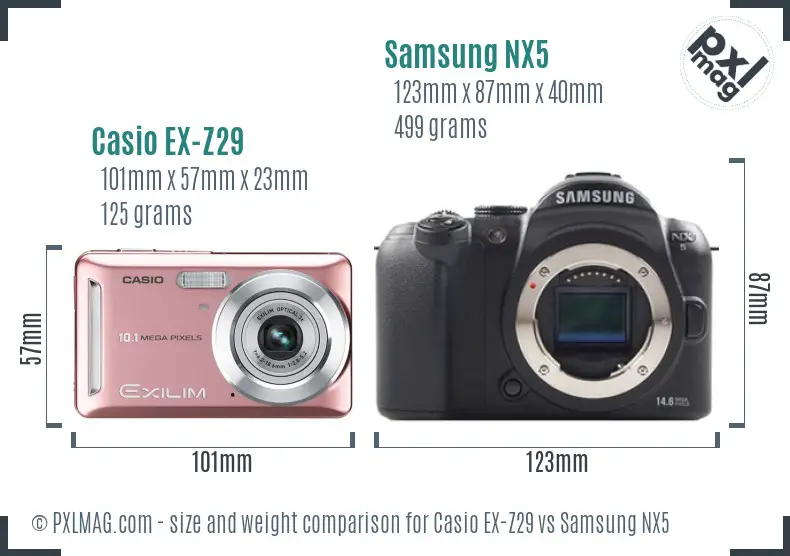 Casio EX-Z29 vs Samsung NX5 size comparison Casio EX-Z29 vs Samsung NX5 size comparison