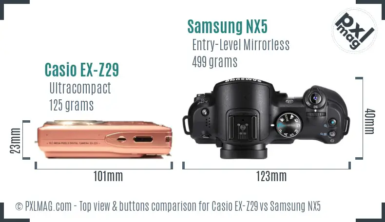 Casio EX-Z29 vs Samsung NX5 top view buttons comparison Casio EX-Z29 vs Samsung NX5 top view buttons comparison