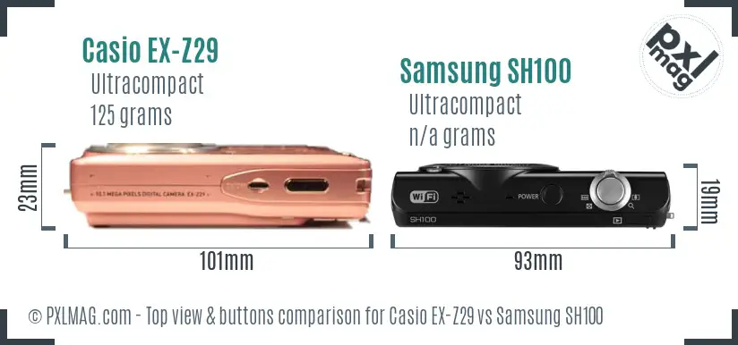 Casio EX-Z29 vs Samsung SH100 top view buttons comparison