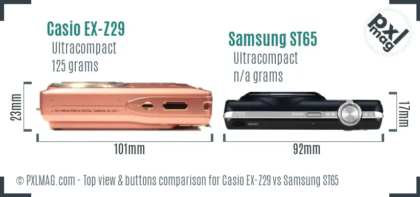 Casio EX-Z29 vs Samsung ST65 top view buttons comparison Casio EX-Z29 vs Samsung ST65 top view buttons comparison