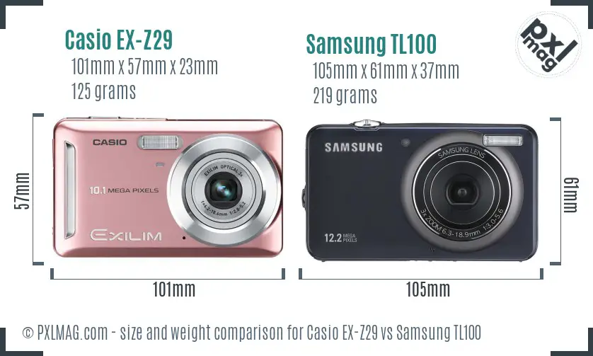 Casio EX-Z29 vs Samsung TL100 size comparison Casio EX-Z29 vs Samsung TL100 size comparison