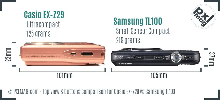 Casio EX-Z29 vs Samsung TL100 top view buttons comparison Casio EX-Z29 vs Samsung TL100 top view buttons comparison