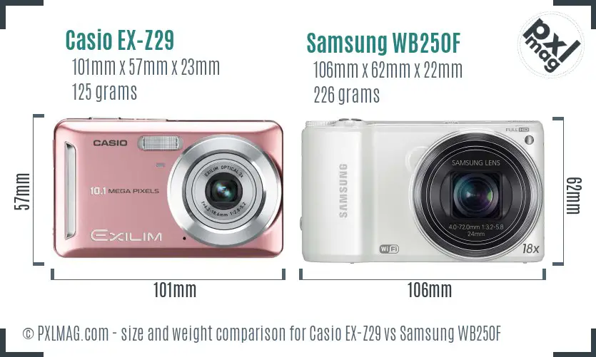 Casio EX-Z29 vs Samsung WB250F size comparison Casio EX-Z29 vs Samsung WB250F size comparison
