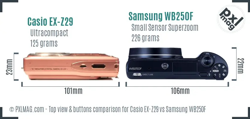 Casio EX-Z29 vs Samsung WB250F top view buttons comparison Casio EX-Z29 vs Samsung WB250F top view buttons comparison