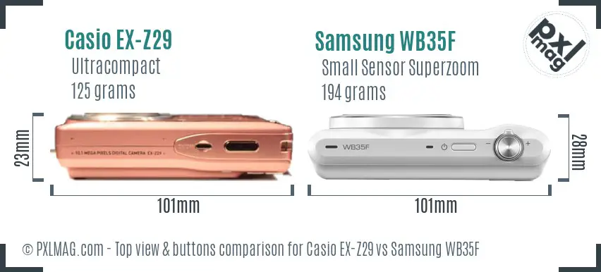 Casio EX-Z29 vs Samsung WB35F top view buttons comparison Casio EX-Z29 vs Samsung WB35F top view buttons comparison