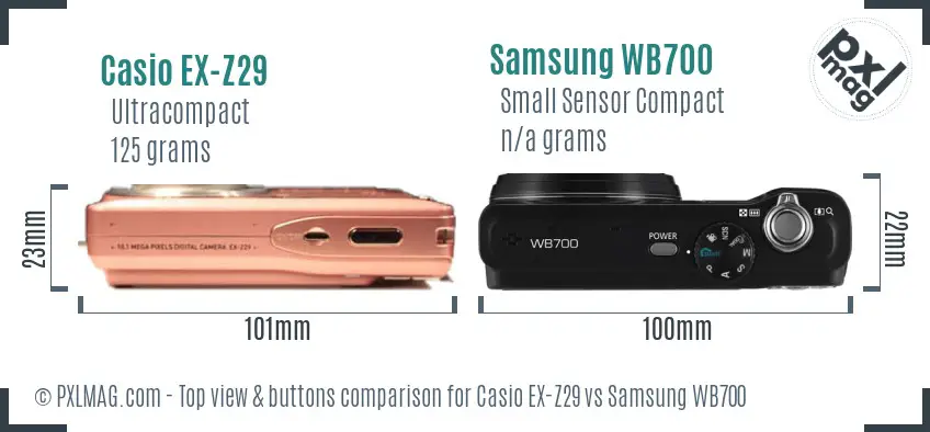 Casio EX-Z29 vs Samsung WB700 top view buttons comparison Casio EX-Z29 vs Samsung WB700 top view buttons comparison