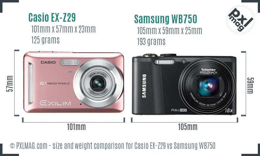 Casio EX-Z29 vs Samsung WB750 size comparison Casio EX-Z29 vs Samsung WB750 size comparison