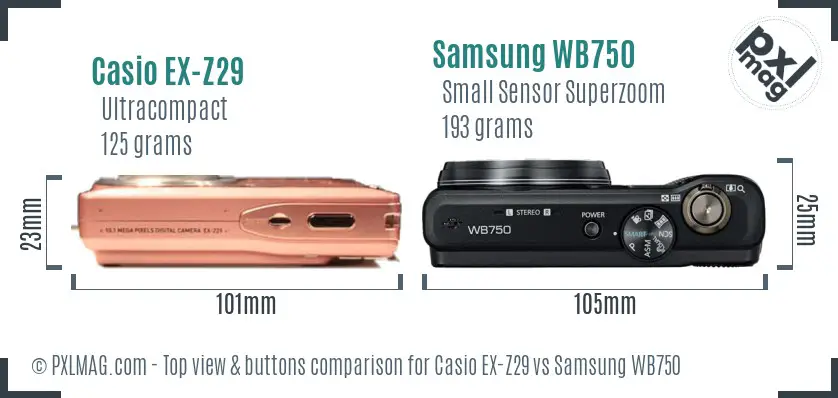 Casio EX-Z29 vs Samsung WB750 top view buttons comparison Casio EX-Z29 vs Samsung WB750 top view buttons comparison