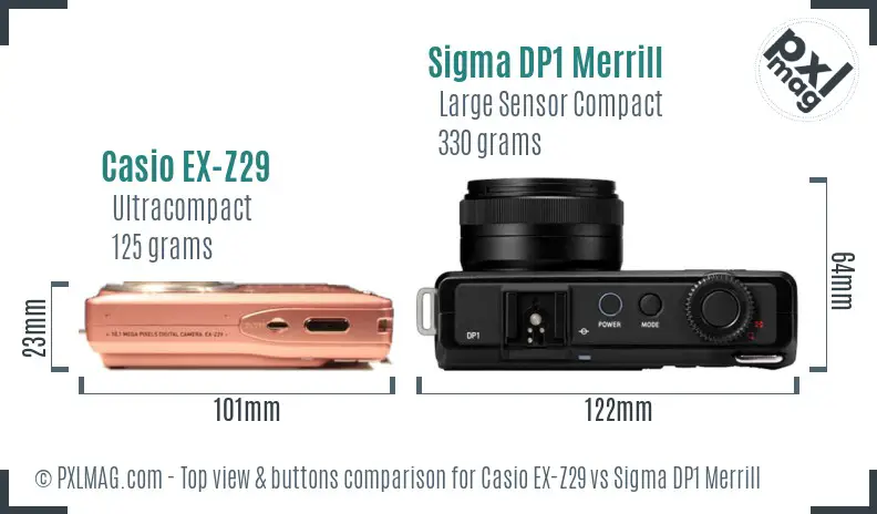 Casio EX-Z29 vs Sigma DP1 Merrill top view buttons comparison