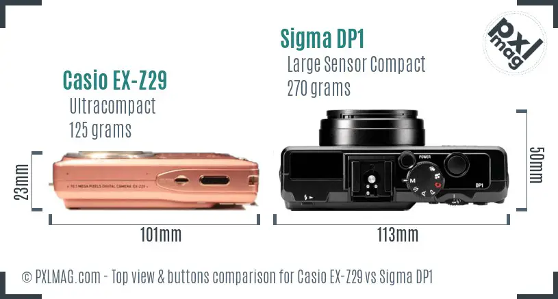 Casio EX-Z29 vs Sigma DP1 top view buttons comparison
