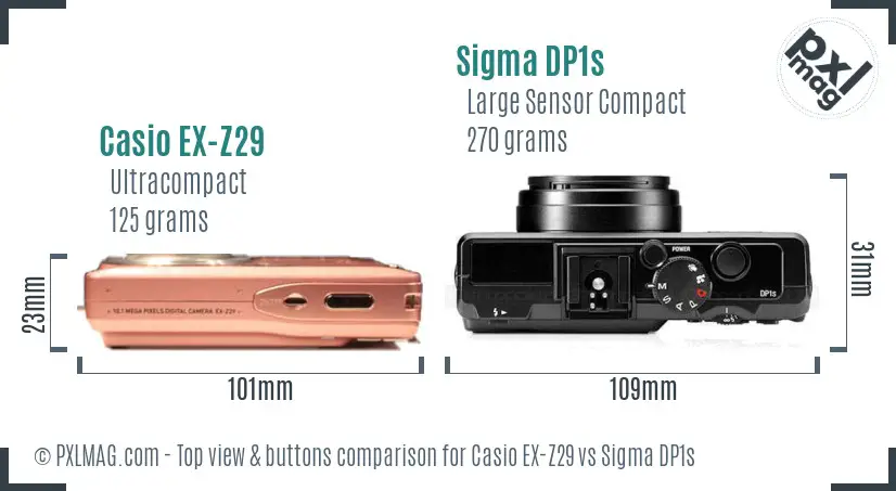 Casio EX-Z29 vs Sigma DP1s top view buttons comparison