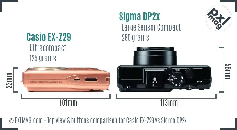 Casio EX-Z29 vs Sigma DP2x top view buttons comparison Casio EX-Z29 vs Sigma DP2x top view buttons comparison