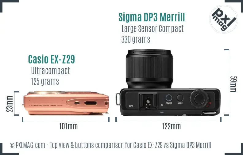 Casio EX-Z29 vs Sigma DP3 Merrill top view buttons comparison