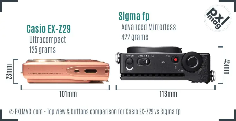 Casio EX-Z29 vs Sigma fp top view buttons comparison Casio EX-Z29 vs Sigma fp top view buttons comparison