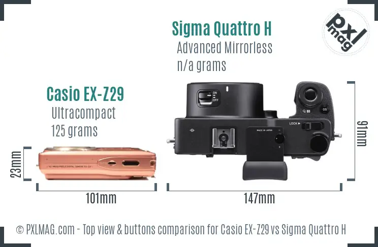 Casio EX-Z29 vs Sigma Quattro H top view buttons comparison Casio EX-Z29 vs Sigma Quattro H top view buttons comparison