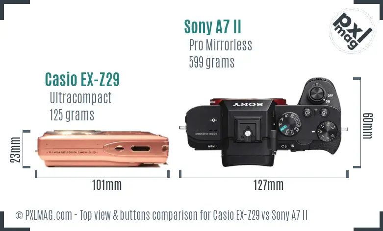 Casio EX-Z29 vs Sony A7 II top view buttons comparison