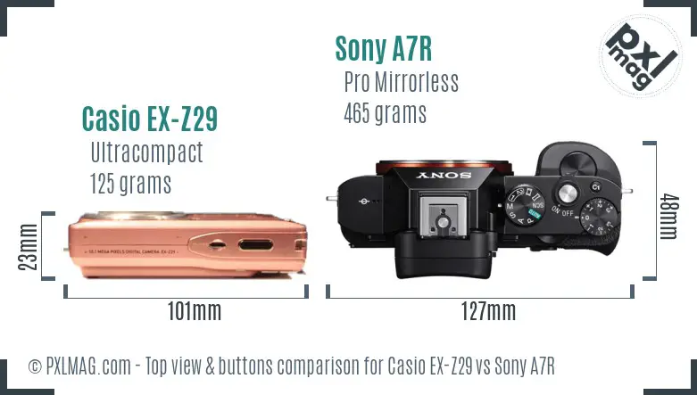 Casio EX-Z29 vs Sony A7R top view buttons comparison